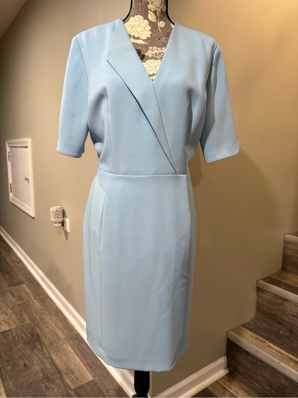Tahari Elegant Pale Blue V-Neck Midi Dress